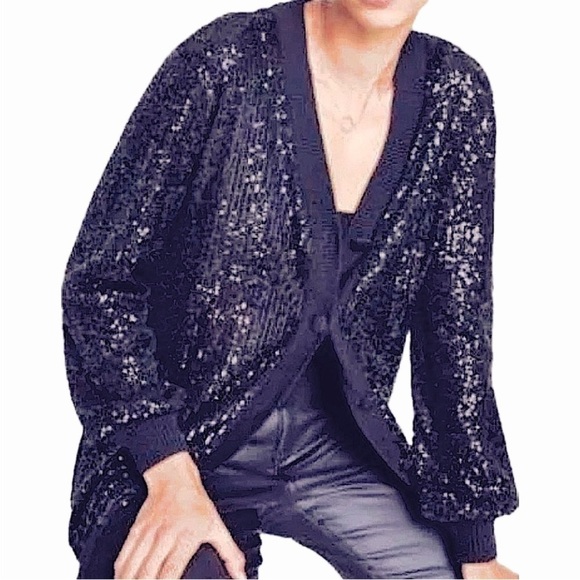 VARSITY Cardigan Knit Oversized Black Sequin Boyfriend Sweater NEW! SO SOFT - Picture 1 of 12